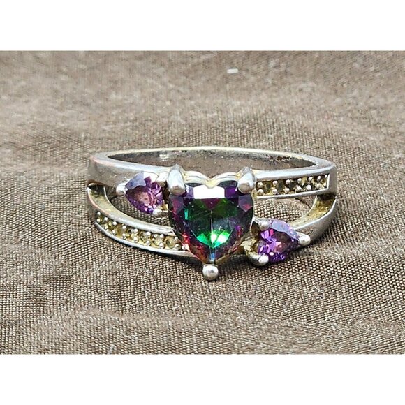 Heart-Shaped Mystic Topaz & Amethyst 925‎ Sterling Silver Ring - Picture 1 of 5